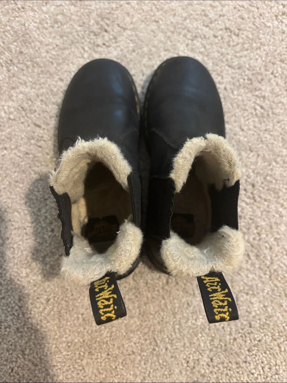 Dr. Martens Black Leather Shearling Chelsea Boots with Yellow Stitching